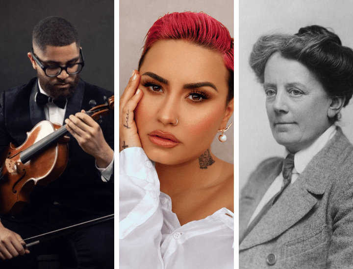 A collage of three musicians: Stefan Smith, Demi Lovato, and Ethel Smyth.