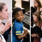 A collage of three images: two students playing flute, a young student sitting at the piano, and a choir performing.