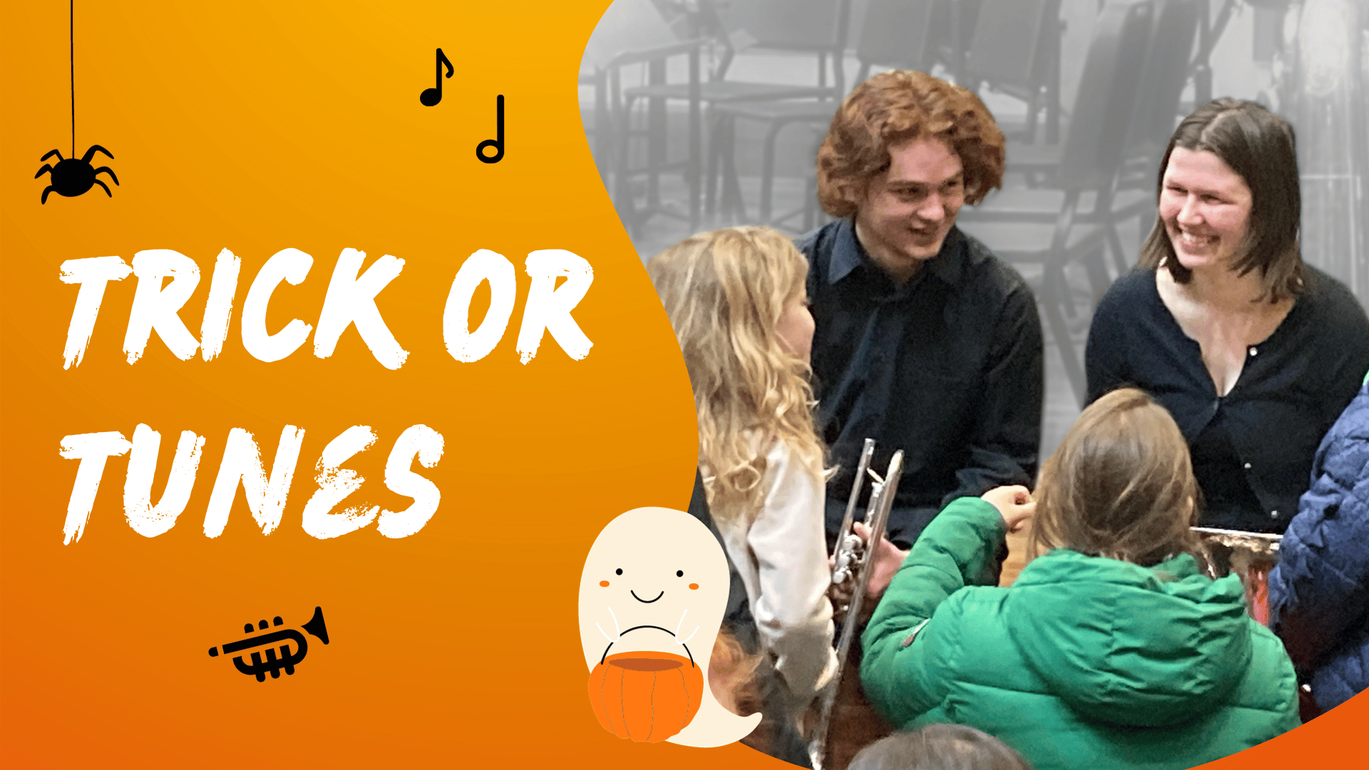 Two high school students holding instruments talk to young children. The graphic has an orange background, features spiders, ghosts, and music notes, and says "Trick or Tunes."