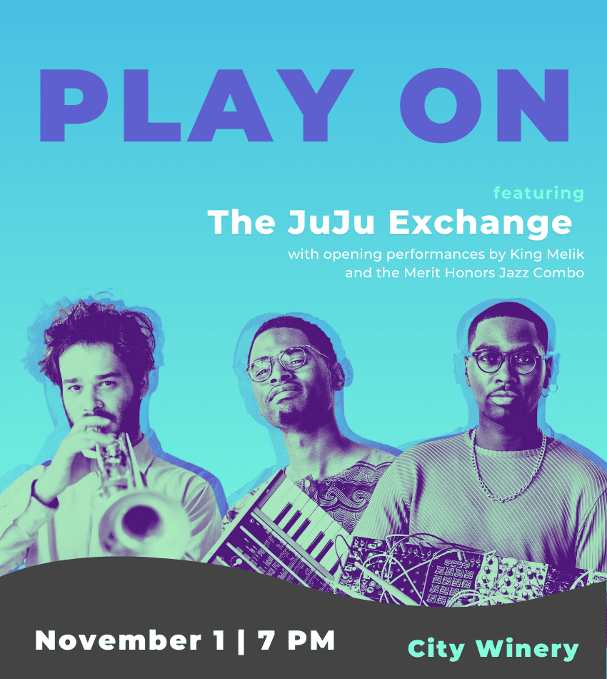 The JuJu Exchange in cool tones. Nico Segal plays trumpet, Julian Davis Reid holds a small keyboard, and Nova Zaii holds a soundboard. Above them are the words "Play On" in purple text.
