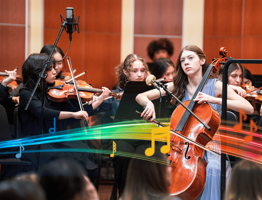 A student in a purple gown plays cello with the orchestra. A rainbow graphic with colorful music notes accents the photo.