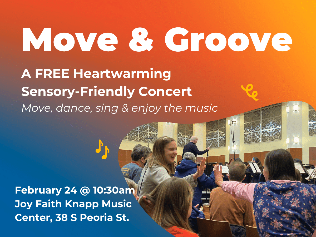 A photo of two guests high-fiving during a sensory-friendly concert. The graphic features the date & time for the event.
