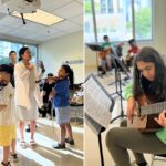 Two side-by-side photos: Iris Wei teaching several students holding their violins, and three guitar students playing.
