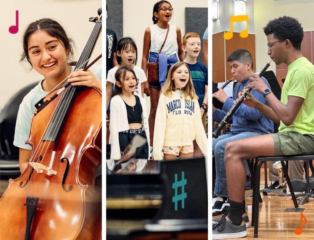 Three panels: a girl smiling holding a cello, children singing in choir, and two oboe students
