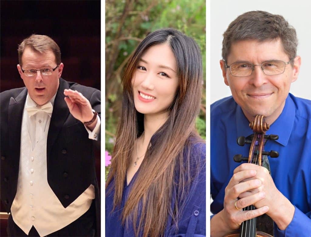 A collage: Scott Casagrande conducting, Mikayla Jang, and Peter Slowik holding a violin