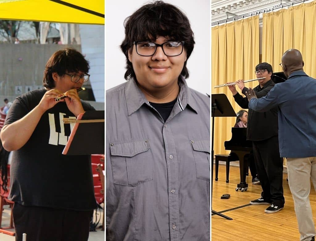 Three pictures of Jacob Cornejo in panels: playing piccolo, a headshot, and playing flute in a masterclass