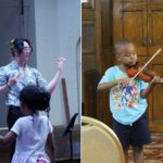 Two panels: a teacher holds up their arms as though playing violin, a young child plays violin