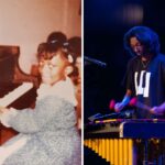 Two panels: the first is a vintage photo of a child (Sahara) playing piano and smiling, and the second is Dynham playing vibraphone onstage.
