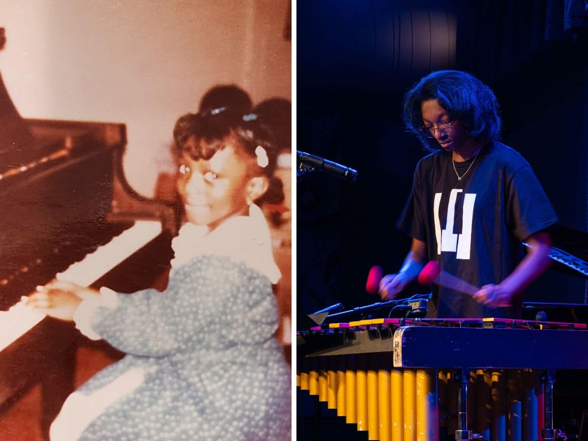 Two panels: the first is a vintage photo of a child (Sahara) playing piano and smiling, and the second is Dynham playing vibraphone onstage.