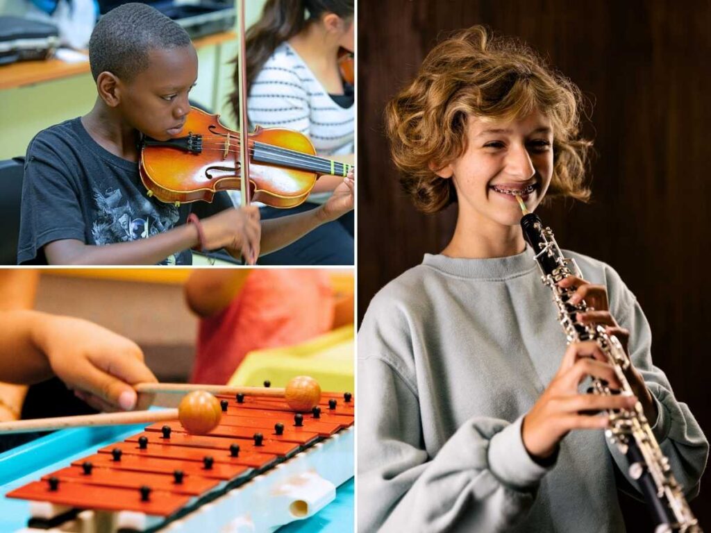 Three photos in panels: a child playing violin, a child playing oboe, and a closeup of a child playing an Orff instrument