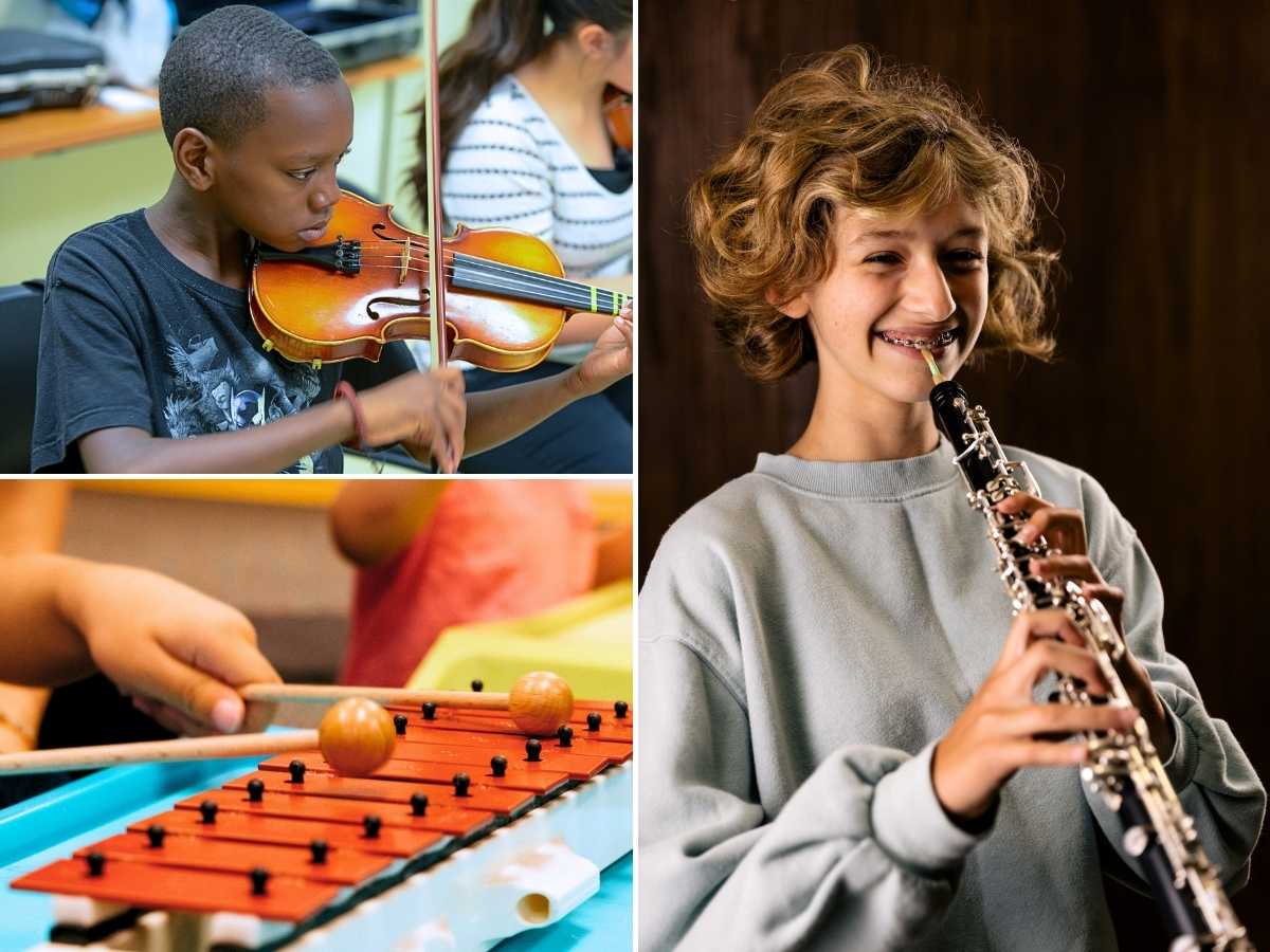Three photos in panels: a child playing violin, a child playing oboe, and a closeup of a child playing an Orff instrument