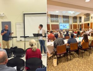 Two panels: two teachers speaking to each other in front of a classroom, and the full group watching a presentation in a performance hall