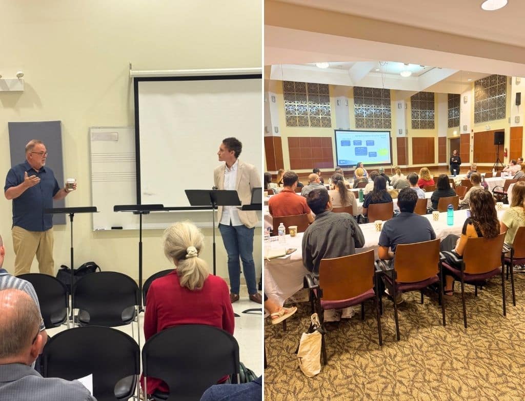 Two panels: two teachers speaking to each other in front of a classroom, and the full group watching a presentation in a performance hall