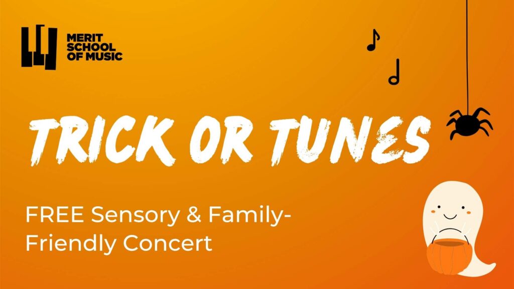 A Halloween-themed graphic featuring a ghost, spider, and music notes against an orange background. Text reads: "Trick or Tunes, Free Sensory- and Family-Friendly Concert"