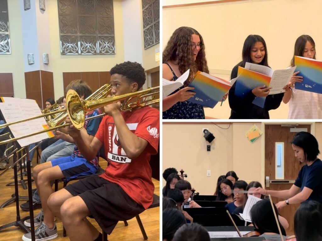 Three panels: a trombone section of the band, students singing in choir, and a director conducting the orchestra.