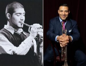Two panels: Victor Garcia as a teen playing trumpet and as an adult holding his trumpet